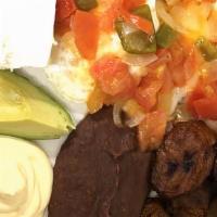 Desayuno Ranchero · Ranchero egg, cheese, cream, avocado, and plantain.