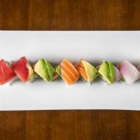 Rainbow Roll · Consists of raw fish. Crab stick, cucumber, avocado topped with tuna, salmon, white fish and...