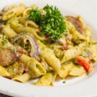 Penne Pesto · Pesto Sauce served with our Ziti noodle, Italian Sausage, Roasted Red Pepper and onions