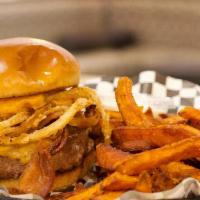 Boulevard Beer Cheeseburger · Boulevard beer cheese, fried onion strings, cheddar cheese, and bacon with your choice of si...