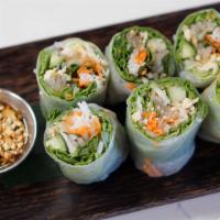 Healthy Rolls  · Minced chicken, lettuce, carrot, mint, rice noodle, cucumber, rice paper, spicy peanut sauce.