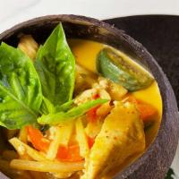 Thai Curry · Gluten-free, Spicy. Grandma's recipe - southern Thai curry, pineapple, Thai basil, bell pepp...