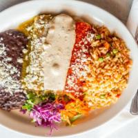 Lupe'S Enchiladas · Three chicken or cheese enchiladas, green tomatillo sauce, sour cream sauce, red sauce, and ...