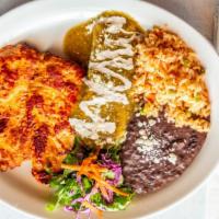 Pollo Asado · Marinated grilled chicken breast with one cheese enchilada with green sauce. Served with ric...