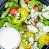 Greek Salad · ramain lettuce,tomatoes, cucumbers, olives,feta  cheese with a side of ranch dressing.