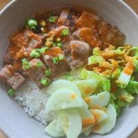 Grilled Pork Belly Rice Bowl · Pork, lettuce, cucumber, korean bbq, white rice