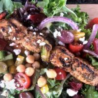 Grilled Chicken Greek Salad · Mixed Greens, fresh garbanzo beans, sweet beets, chopped peppers, cucumbers, cherry tomatoes...