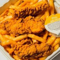 3 Pcs Chicken Strips With Crispy Fries · Served with honey mustard.