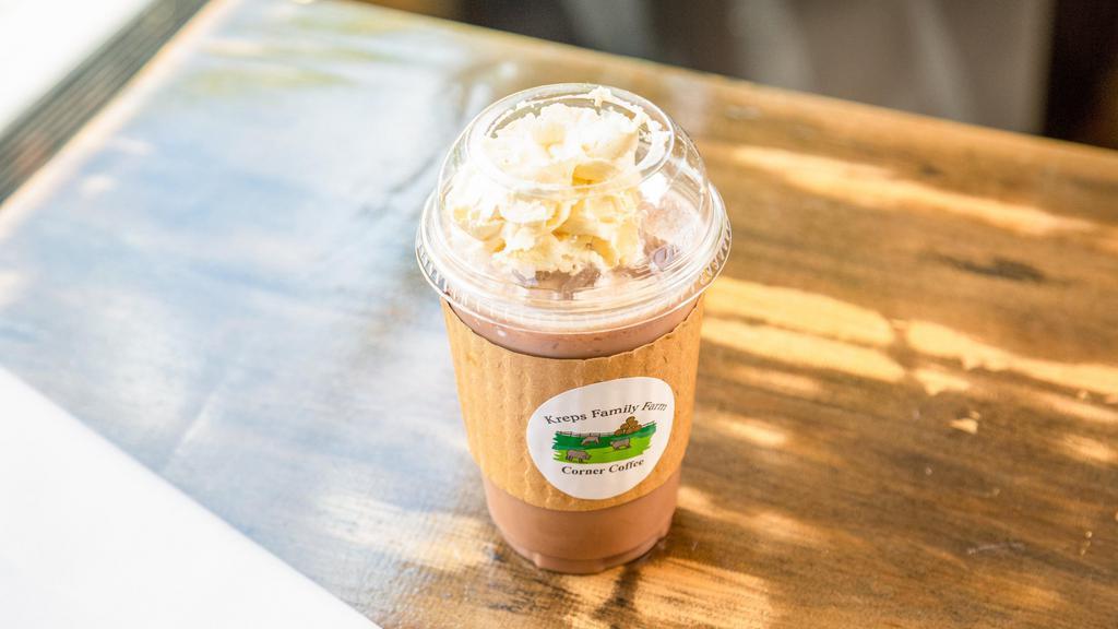 Frappe · Iced Hot Chocolate mixed with you choice of our Iced Coffee (Carmel, French Vanilla, Mocha, or Black Iced Coffee) topped with whipped Cream