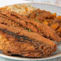 Croaker Bone In ( 1Pc, Bread, 2 Sides) · 1 piece of croaker and 2 sides with bread