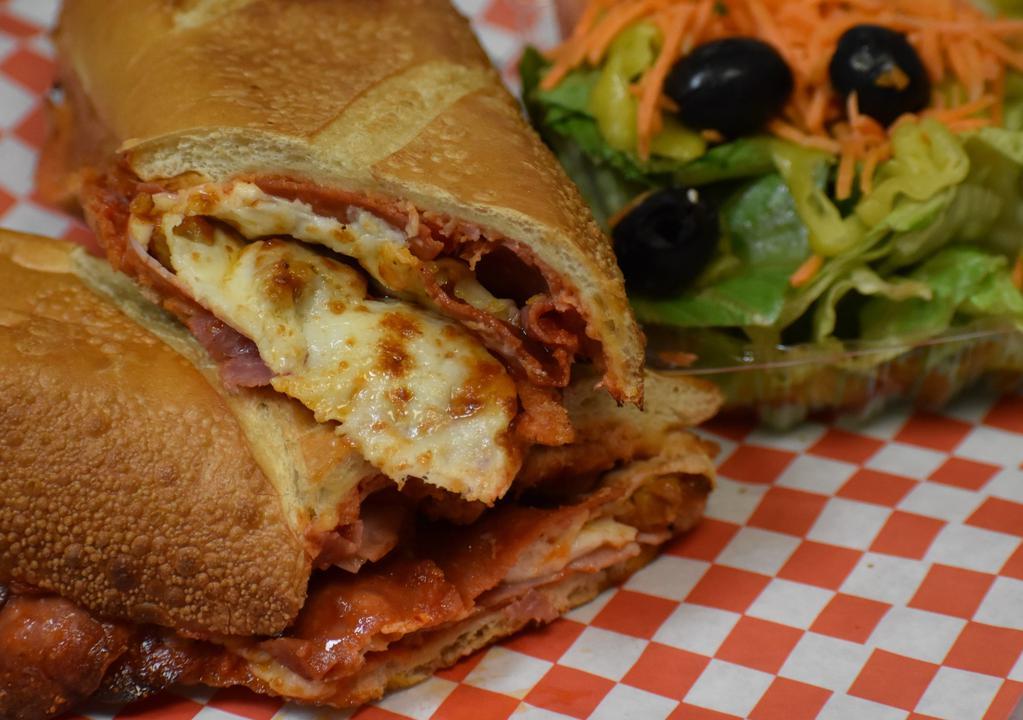 Gladiator · For the meat lover in your family ham, pepperoni, salami, sausage topped with melted mozzarella cheese and marinara sauce.