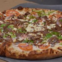 My Big Fat Greek Pizza · Our white garlic sauce generously covered with gyro meat, bell peppers, red onions, feta che...