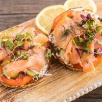 Lox Bagel · Cream cheese, lox, tomato, cucumber, red onion, capers, microgreens.