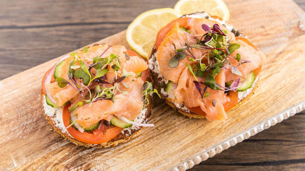 Lox Bagel · Cream cheese, lox, tomato, cucumber, red onion, capers, microgreens.