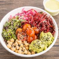 Be Well Bowl · Brown rice, garbanzo beans, spinach, avocado, raw beets, cherry tomatoes, pickled onions, mi...