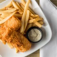 Fish & Chips · Beer battered cod fried golden brown. Served with tartar sauce and fries.