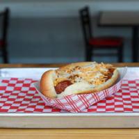 Chili Dog* · 100% All Beef Hebrew National Hot Dog on a Grilled Bun Topped with Chili and Cheese. Please ...
