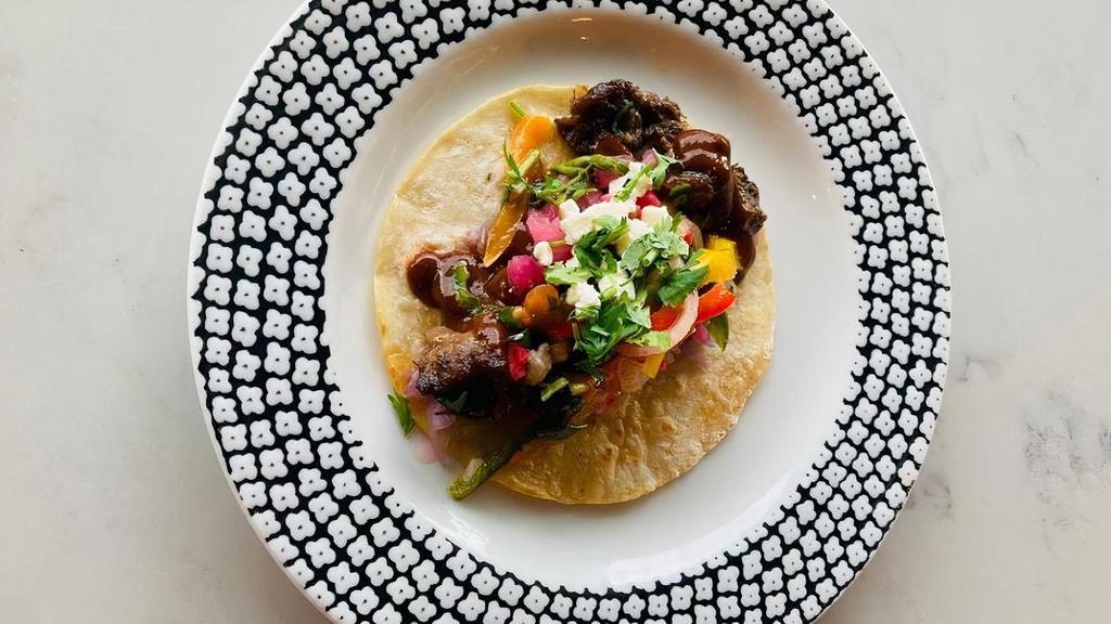 Carne Taco · Steak, Nopal Ensalada, Queso Fresco, Salsa Pasilla