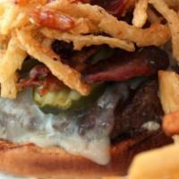 Boston'S Bbq Burger · Char-grilled choice beef, Mama's homemade BBQ sauce, stacked with onion strings, smoked baco...