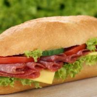 The Salami Sandwich · Classic salami sandwich with lettuce, tomatoes, onions, mustard and mayonnaise.