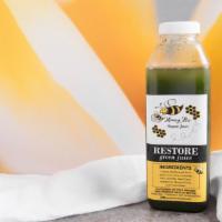 Restore · Green juice 2.0. ingredients:collards, bladderwrack, apples, pear juice, cucumber, mint, chl...
