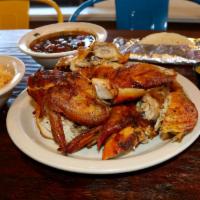 2 Pollos · 2 whole chickens (16pcs) served with rice, beans, tortillas and salsa.