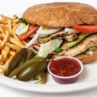 Tortas · Your choice of meat, Beans, Avocado, Tomatoes, Onions, Mayo, Lettuce, W/ French fries on the...
