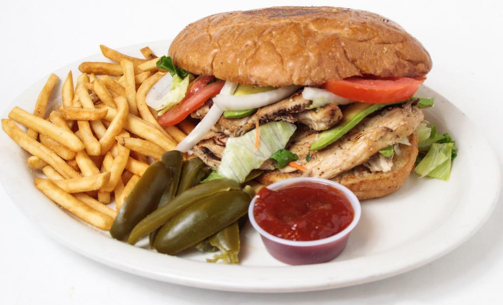 Tortas · Your choice of meat, Beans, Avocado, Tomatoes, Onions, Mayo, Lettuce, W/ French fries on the side.