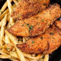 Schnitzel Fingers · Herb-crusted breaded chicken tenders served with chipotle honey mustard and hand-cut fries.