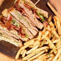 Roasted Club Sandwich · Roasted turkey, bacon, lettuce, tomato, mustard, and herb mayo on Texas toast.