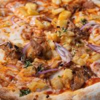 Pizza Al Pastor · braised pork, pineapple, red onions, cilantro, tomato sauce, and mozzarella cheese.