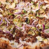 Sausage And Brussel Sprout · house-made sausage, braised onions, brussel sprouts, and pecorino cheese.