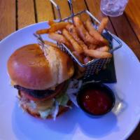 Public House Burger · 8oz angus beef burger, american cheese, lettuce, tomato, onion, pickle.