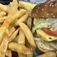 Cheeseburger · 1/3 lb 100% fresh ground beef, American cheese, lettuce, tomatoes, onions, mayonnaise, ketch...