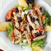 Greek Chicken Salad · Grilled chicken, mixed lettuce, tomatoes, cucumbers, red onions, Kalamata olives, and feta c...