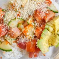 Rainbow Bowl · Tuna, salmon, yellow tail, massago, cucumber, avocado, crunch, ginger wasabi shoyu.

*Consum...