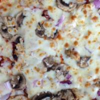 Spicy Chicken · Spicy roasted red pepper sauce,mozzarella cheese,chicken,mushroom,sun-dried tomatoes,red onion