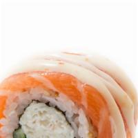 Alaska Roll · Crab, cucumber, avocado, topped with salmon.