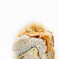 Sunrise Roll · Shrimp tempura, avocado, topped with crab mix, spicy mayo eel sauce, and crunch.