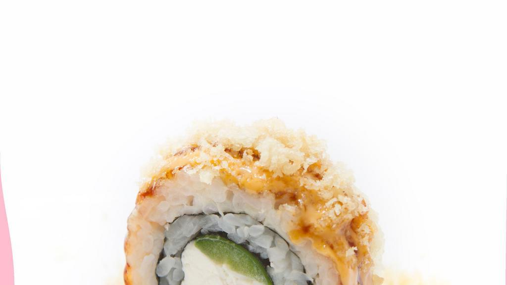 Tiffany Roll · Crab mix cheese, jalapeño, then deep-fried, spicy mayo, eel sauce, and crunch.
