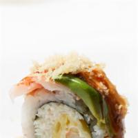 Double Ebi Roll · Shrimp tempura, crab, topped with shrimp, avocado, eel sauce spicy mayo, and crunch.