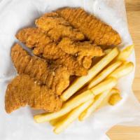 Chicken Tenders · Served with fries or rice and can of soda.