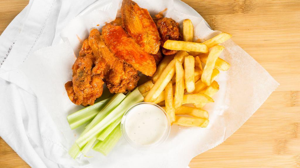 Buffalo Wings · Served with fries or rice and can of soda.