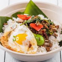 Kra Pao · wok-fired thai basil ground pork | jasmine rice | fresh basil, thai chili, red & green bell ...