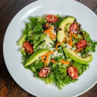 Mexican Salad · Mexican Salad- Mixed greens, sliced avocado, tomatoes, red onions, cucumbers, and house-made...