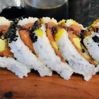 Spider Roll · 6 Pieces- Deep fried softshell crab with avocado and roe. Softshell crab contains gluten. Co...