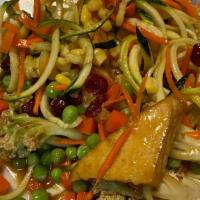 Tokyo Salad  · Ginger Miso Dressing
Zucchini, Carrot, Corn, Tofu, Cauliflower, Edamame, Cranberry