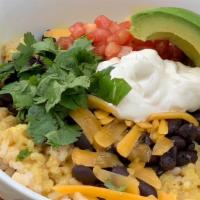 Mighty Bowl · Brown rice, black beans, cheddar, cheese, sour cream, avocado, salsa, cilantro, black olives...