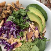 Evergreen Bowl · Grilled chicken, fresh spinach, red cabbage, house made cashew pesto, mighty sauce, brown ri...