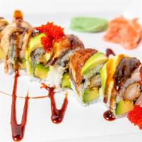 Black Dragon Roll · Shrimp Tempura, Avocado, Eel, Avocado, Roe (Masago), Eel Sauce